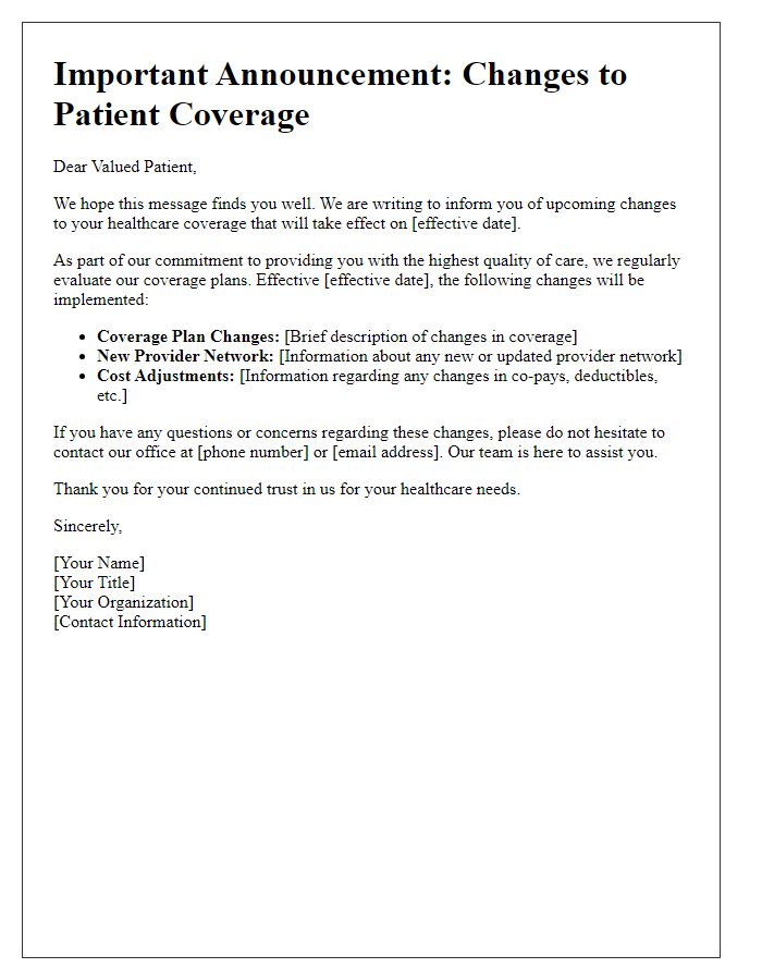 Letter template of patient coverage changes announcement