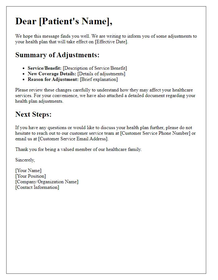 Letter template of patient health plan adjustments communication