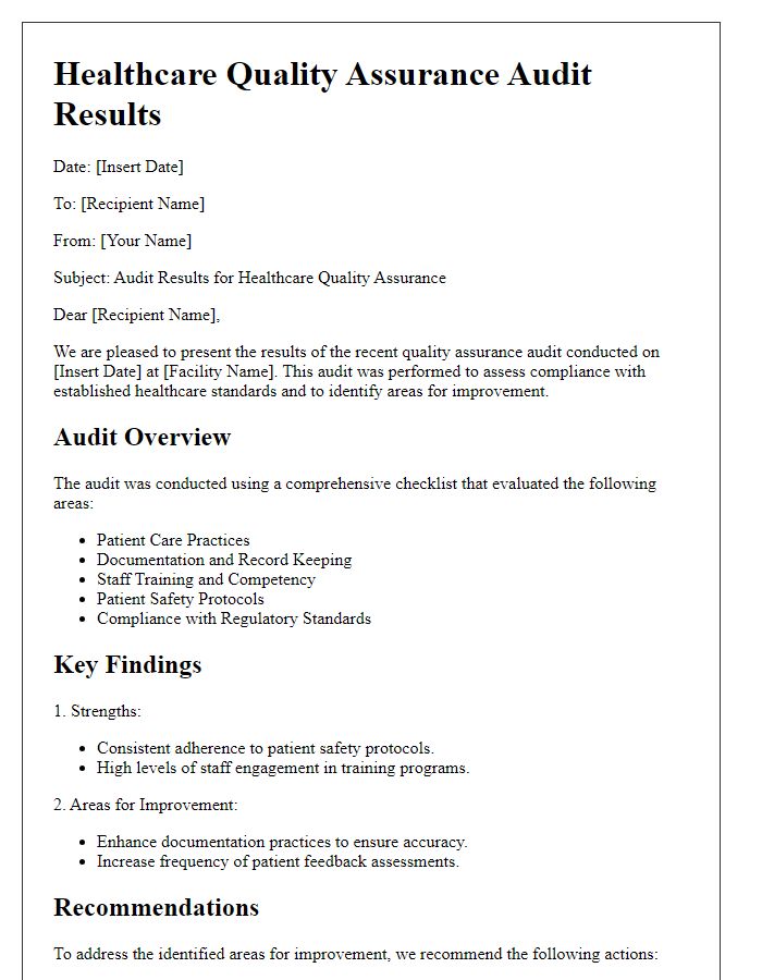 Letter template of healthcare quality assurance audit results