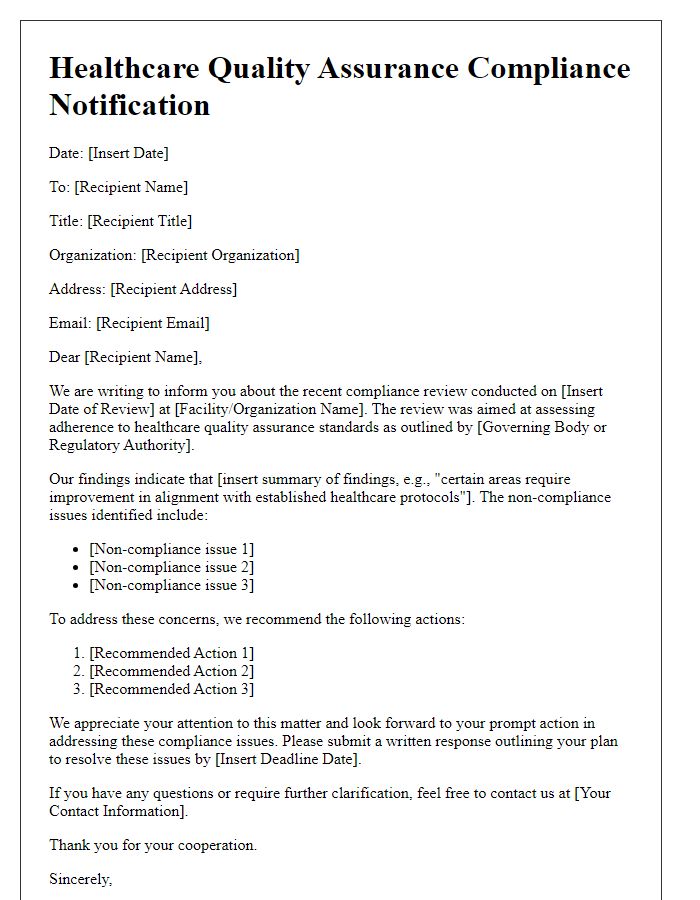 Letter template of healthcare quality assurance compliance notification