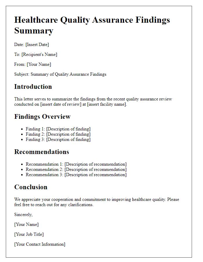 Letter template of healthcare quality assurance findings summary