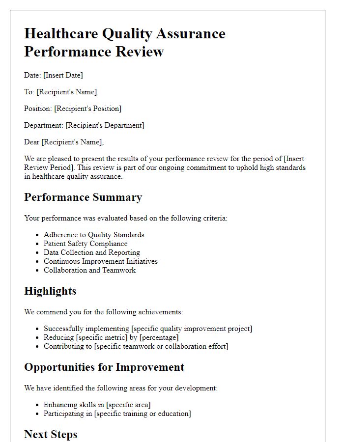 Letter template of healthcare quality assurance performance review