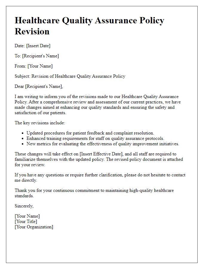 Letter template of healthcare quality assurance policy revision