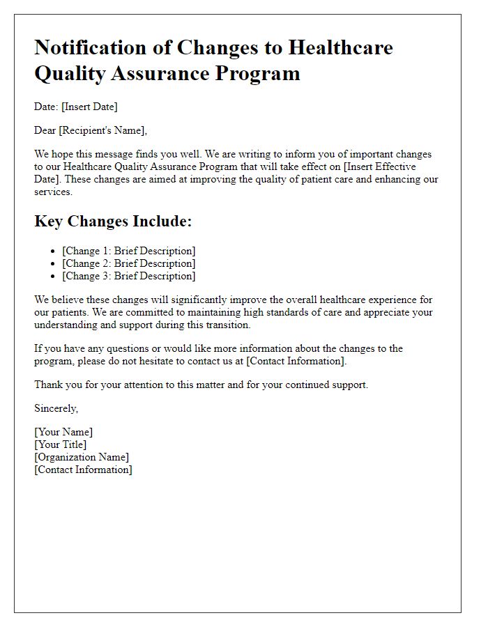 Letter template of healthcare quality assurance program changes