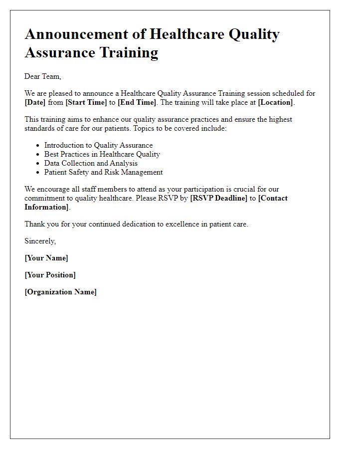 Letter template of healthcare quality assurance training announcement