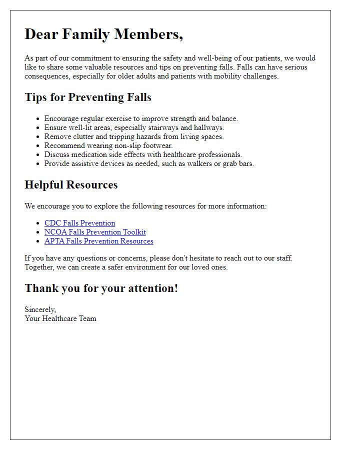 Letter template of family education resources on preventing patient falls