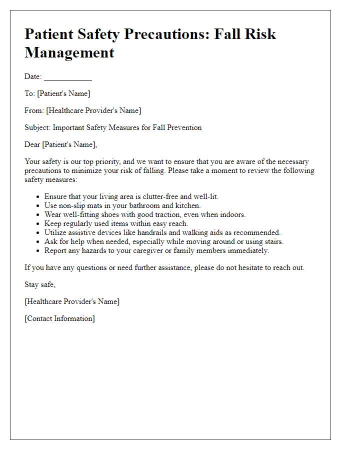 Letter template of patient safety precautions for fall risk management