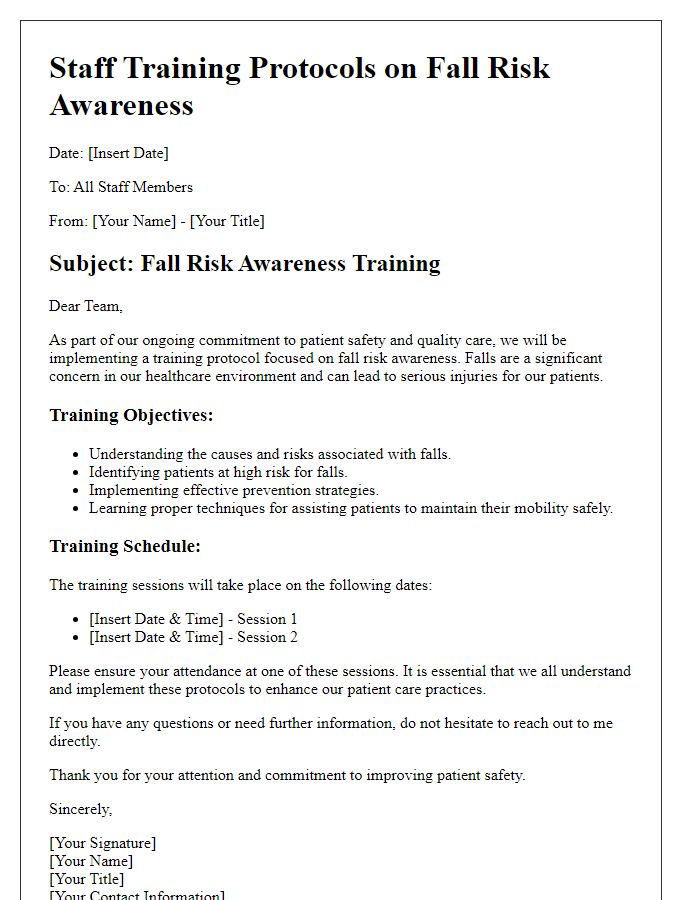 Letter template of staff training protocols on fall risk awareness