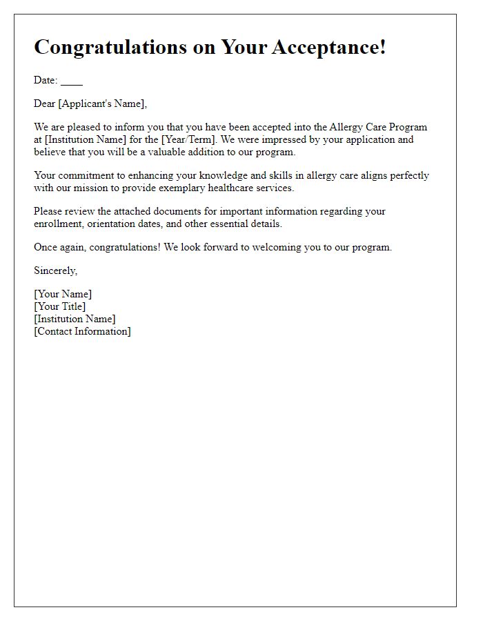 Letter template of acceptance into allergy care program