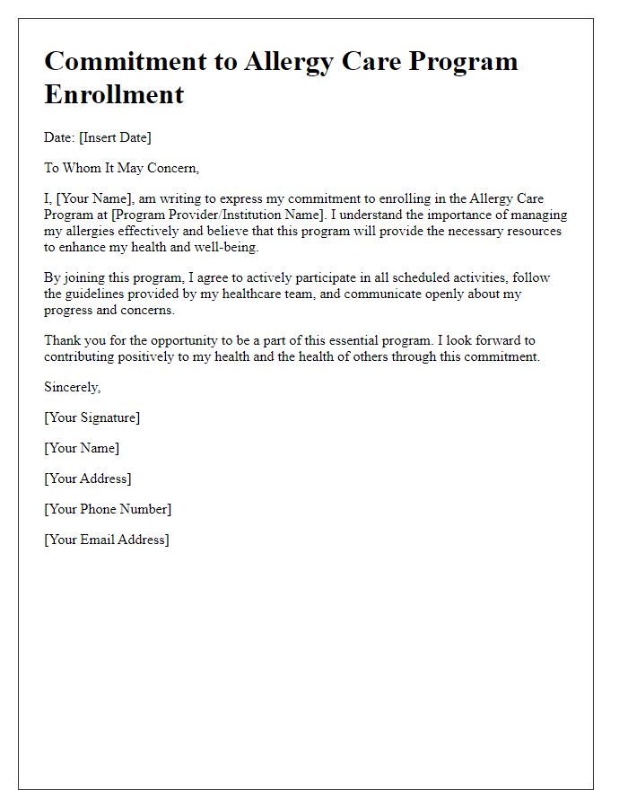 Letter template of commitment to allergy care program enrollment