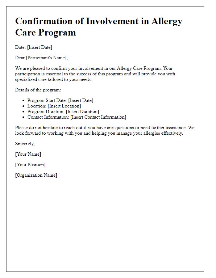 Letter template of confirmation for allergy care program involvement