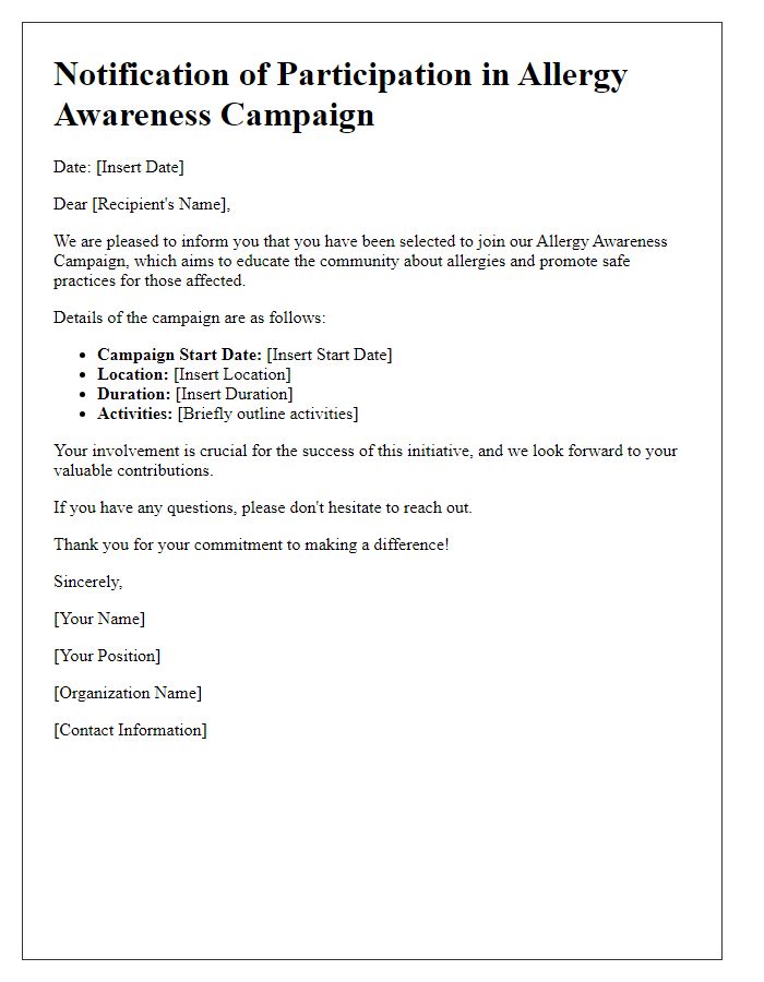 Letter template of notification for joining allergy awareness campaign