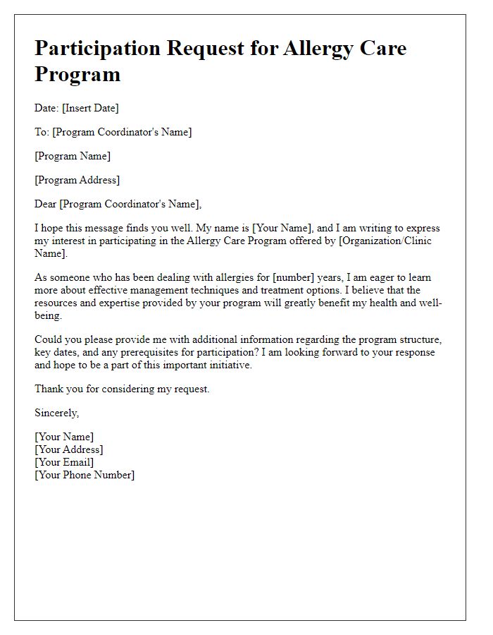 Letter template of participation request for allergy care program