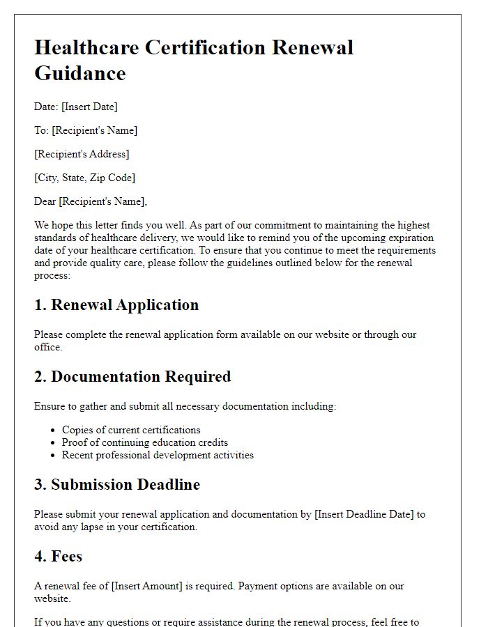 Letter template of healthcare certification renewal guidance