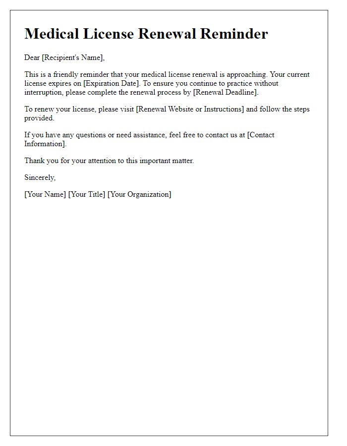 Letter template of medical license renewal deadline reminder