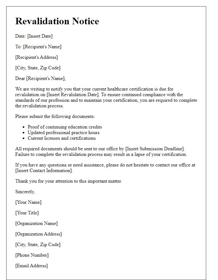 Letter template of professional healthcare certification revalidation notice