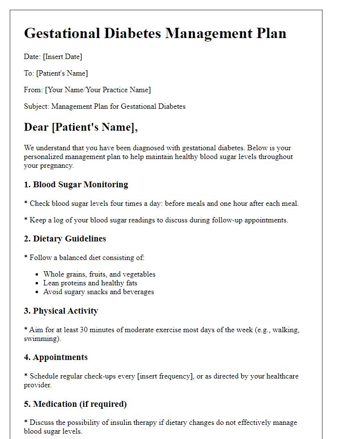 Letter template of diabetes management plan for gestational diabetes