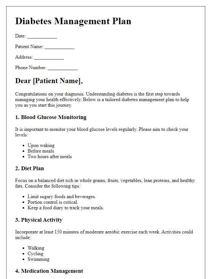 Letter template of diabetes management plan for newly diagnosed patients