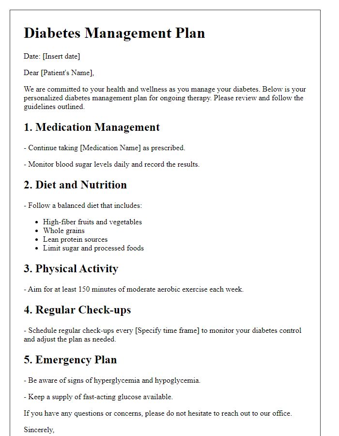 Letter template of diabetes management plan for ongoing therapy