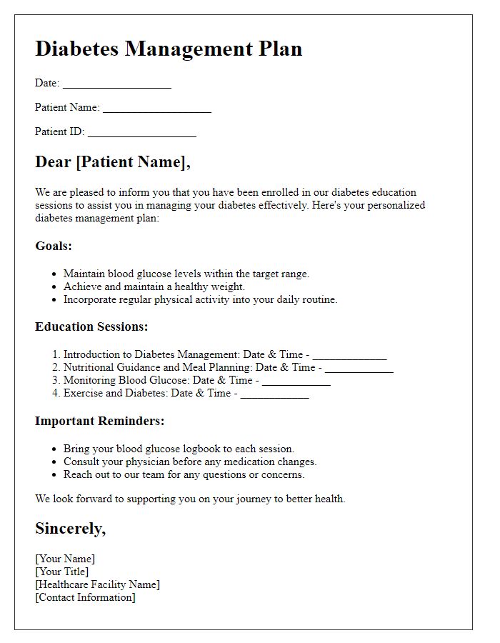 Letter template of diabetes management plan for patients attending education sessions