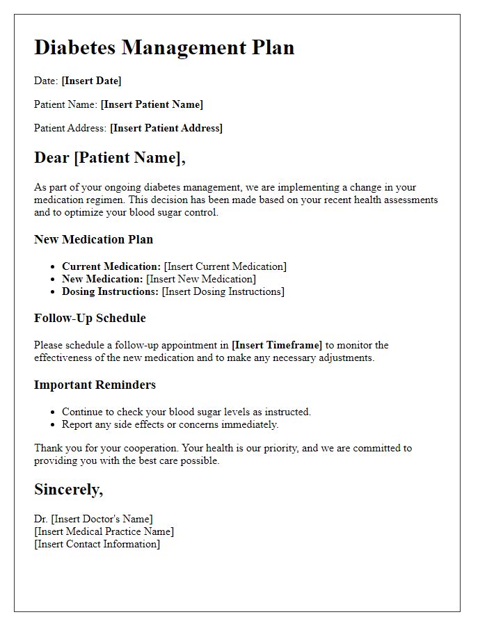 Letter template of diabetes management plan for patients switching medications