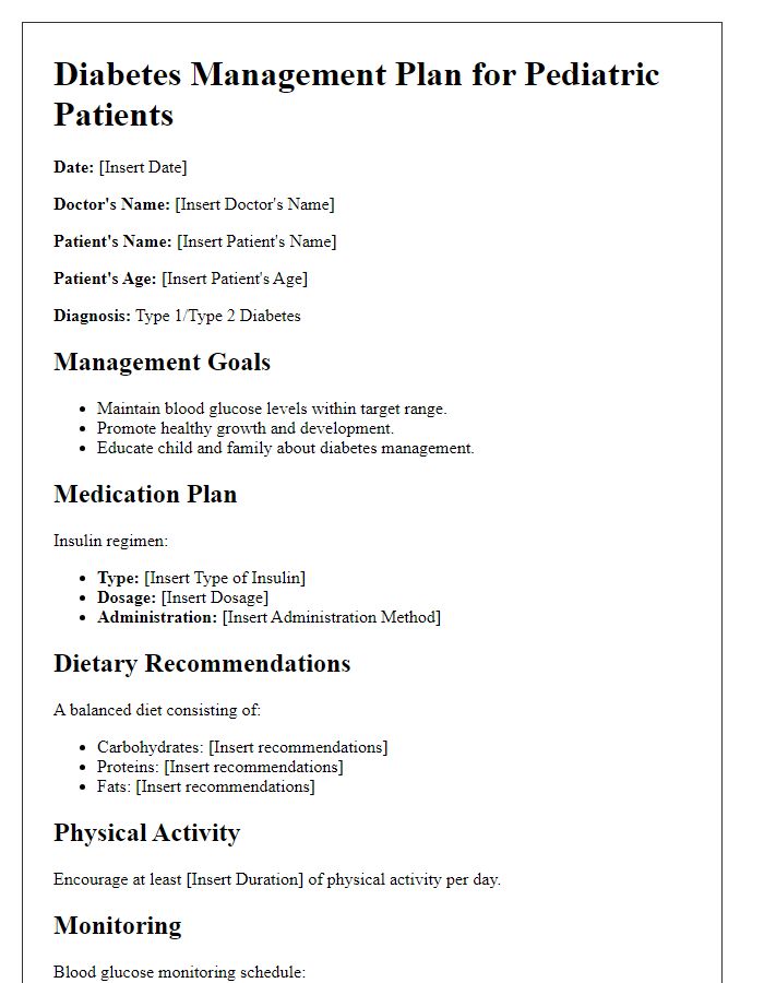 Letter template of diabetes management plan for pediatric patients