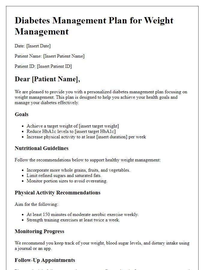 Letter template of diabetes management plan for weight management