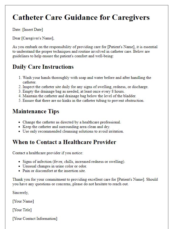 Letter template of catheter care guidance for caregivers.