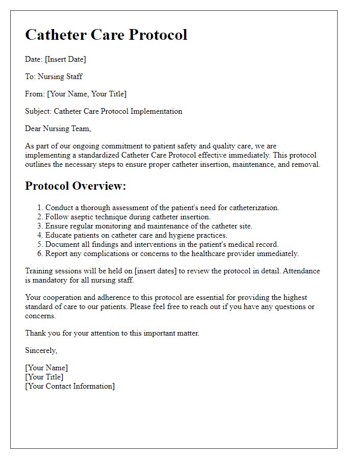 Letter template of catheter care protocol for nursing staff.