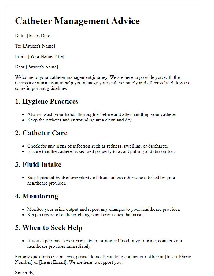 Letter template of catheter management advice for new users.