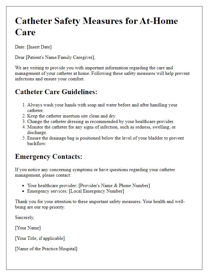 Letter template of catheter safety measures for at-home care.