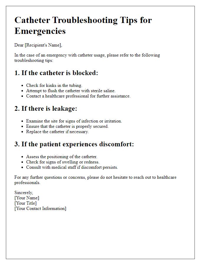 Letter template of catheter troubleshooting tips for emergencies.