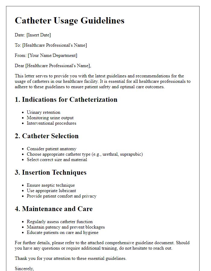 Letter template of catheter usage guidelines for healthcare professionals.