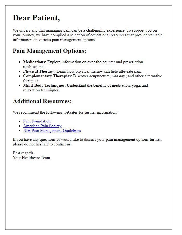 Letter template of educational resources for patients on pain management options