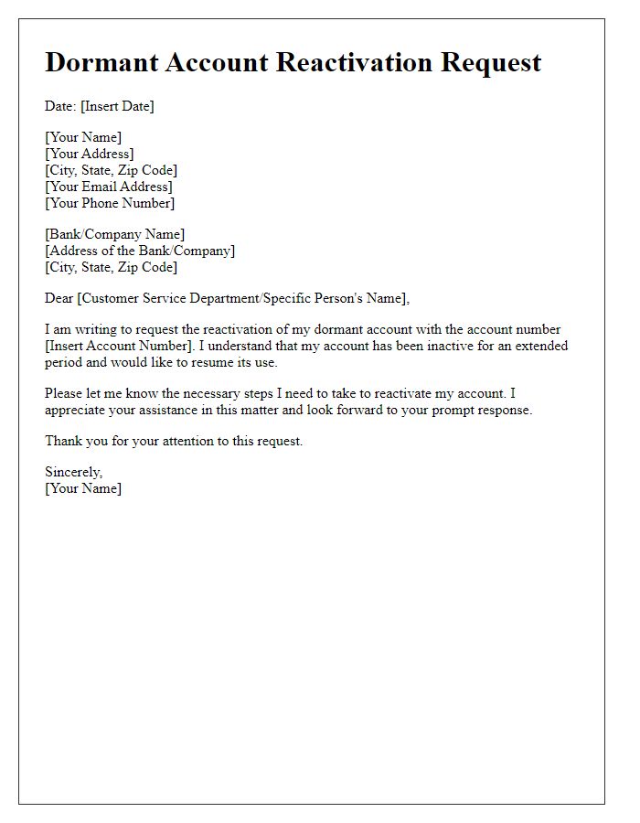 Letter template of dormant account reactivation request