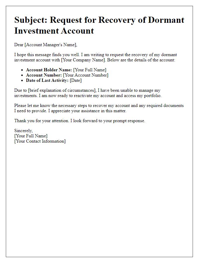 Letter template of dormant investment account recovery