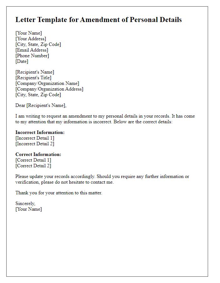 Letter template of amendment for incorrect personal details.