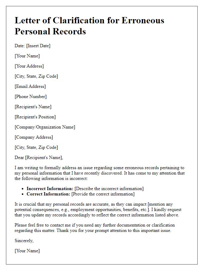 Letter template of clarification for erroneous personal records.