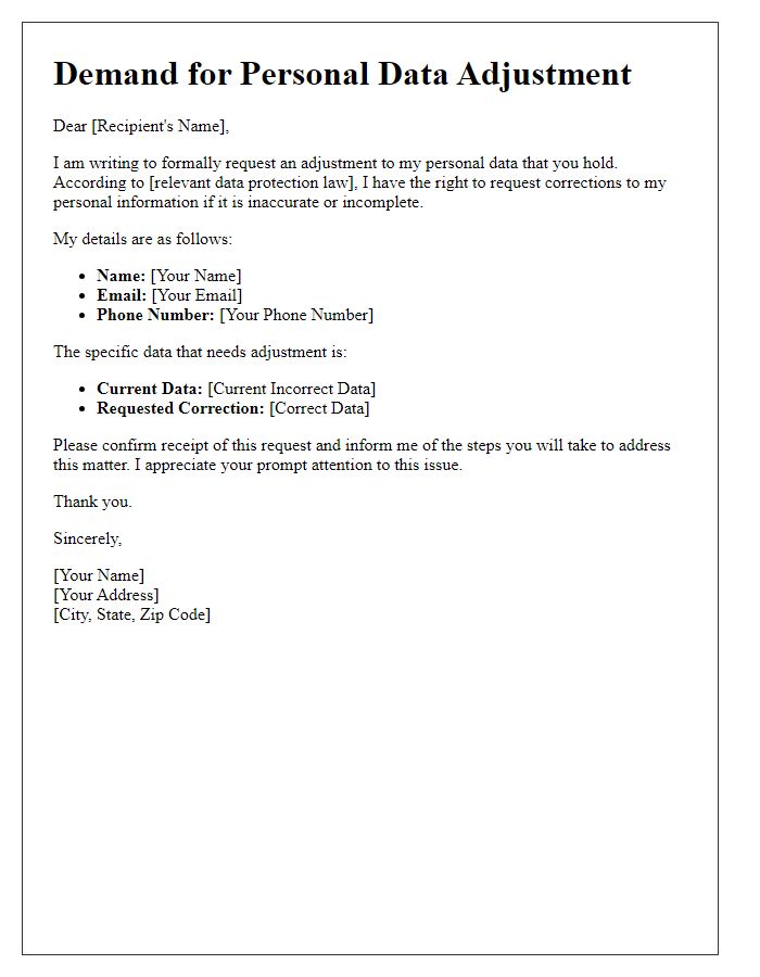 Letter template of demand for personal data adjustment.