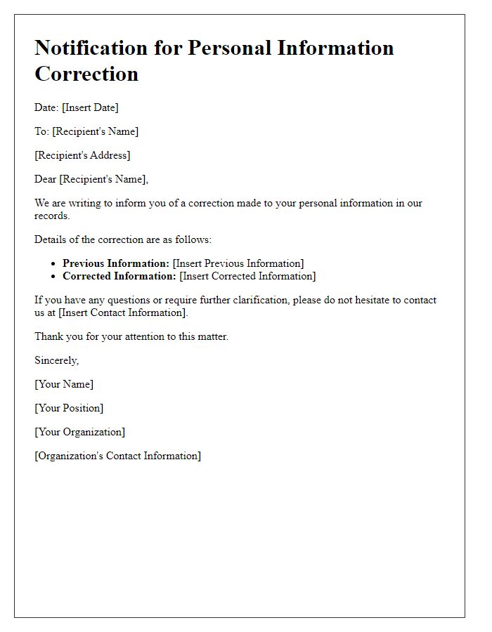 Letter template of notification for personal information correction.