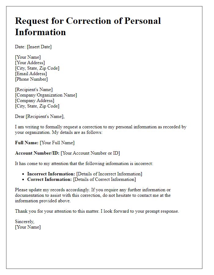 Letter template of request for correction of personal information.