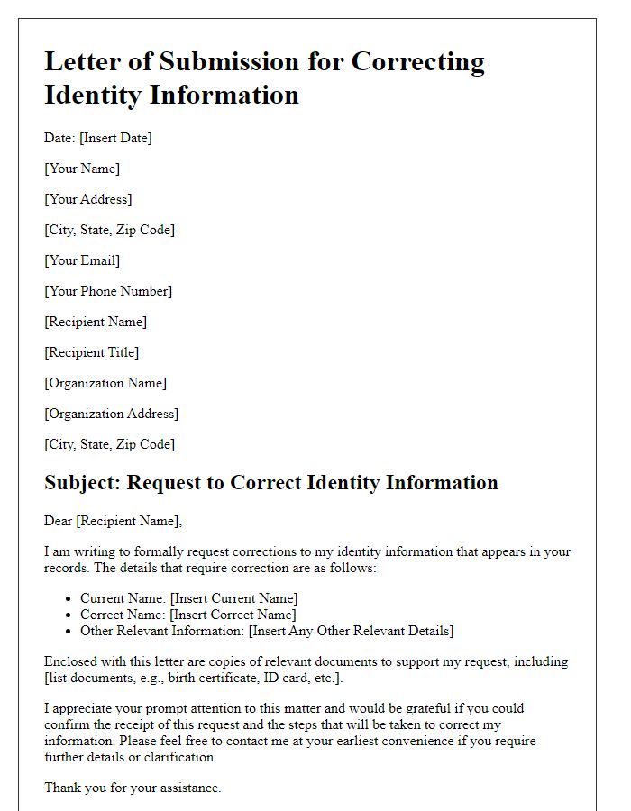 Letter template of submission for correcting identity information.