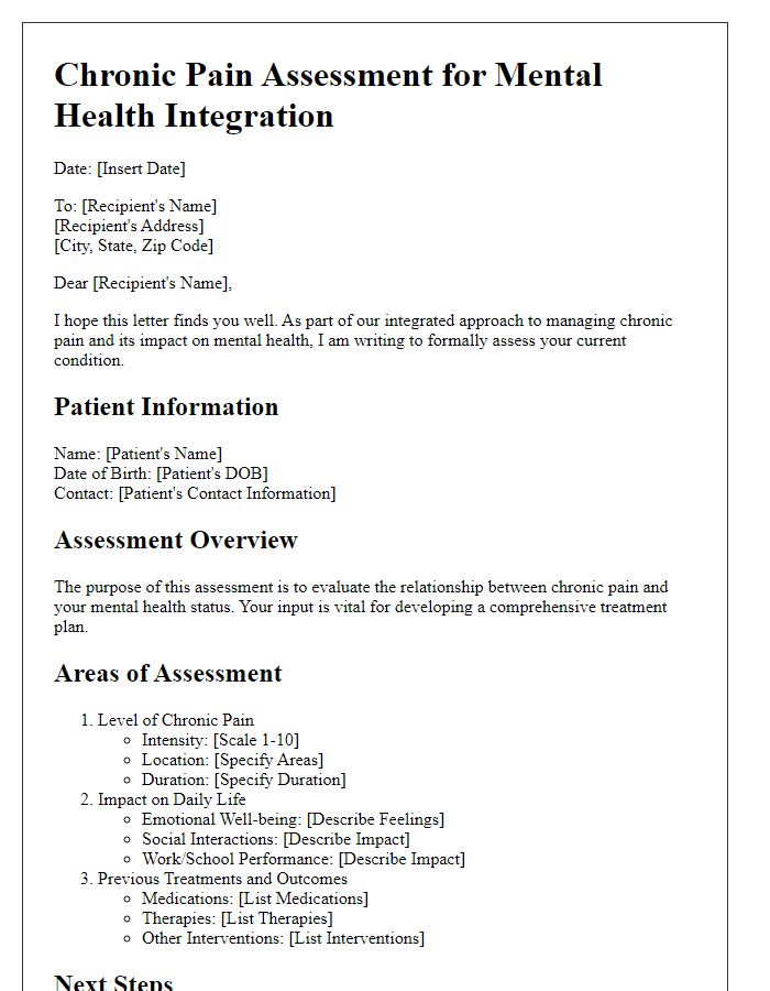 Letter template of chronic pain assessment for mental health integration.