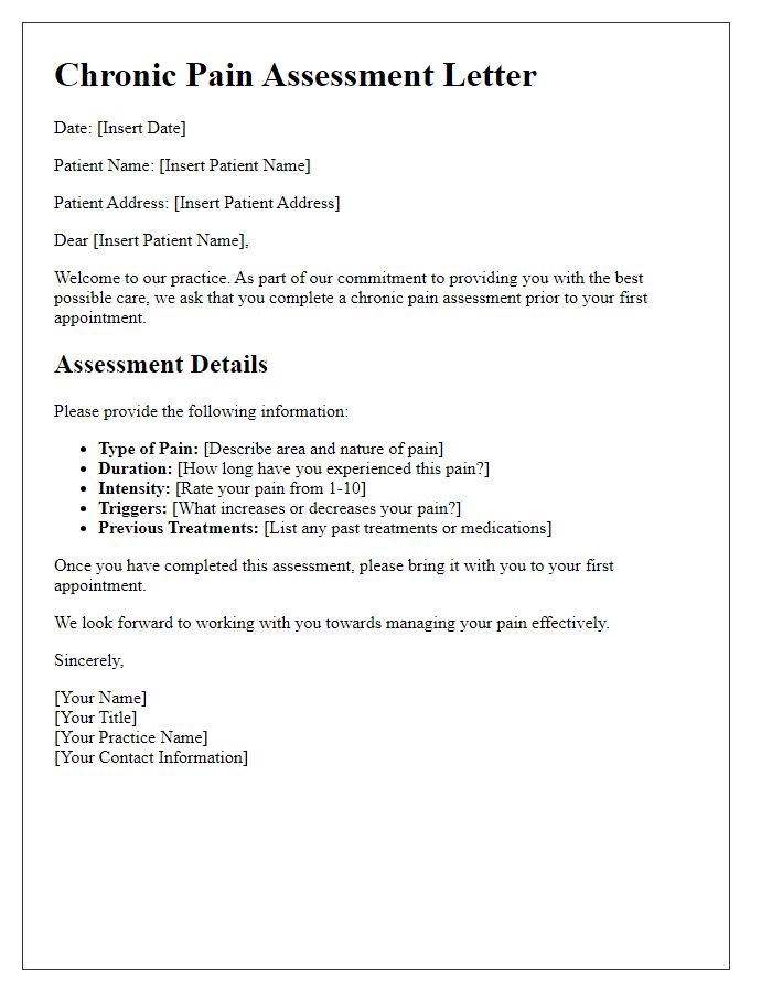 Letter template of chronic pain assessment for new patients.