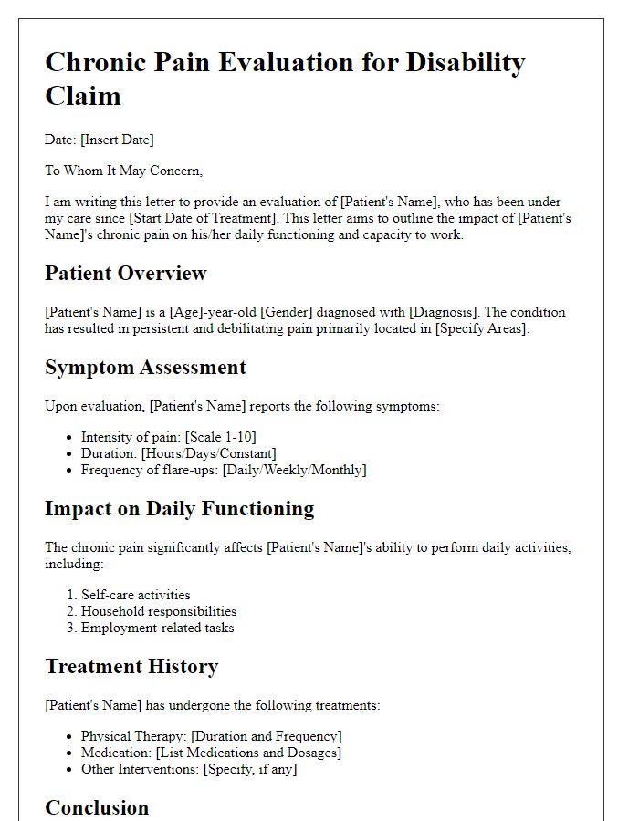 Letter template of chronic pain evaluation for disability claims.