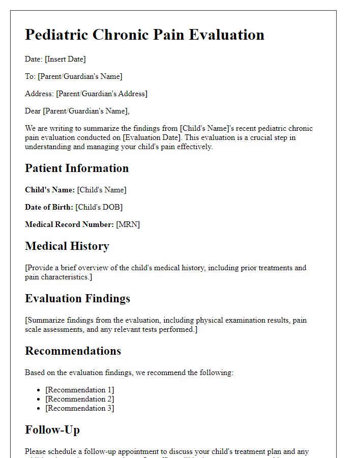 Letter template of pediatric chronic pain evaluation.