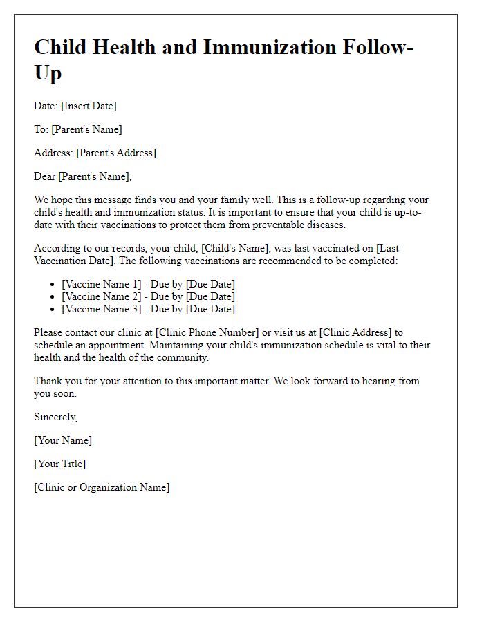 Letter template of child health and immunization follow-up