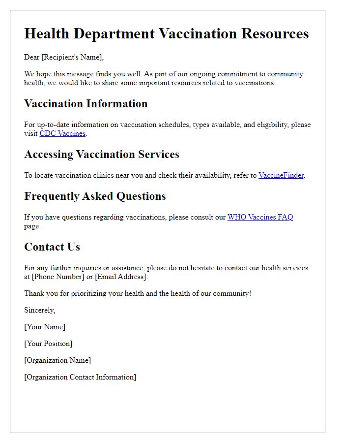 Letter template of vaccination-related health resources