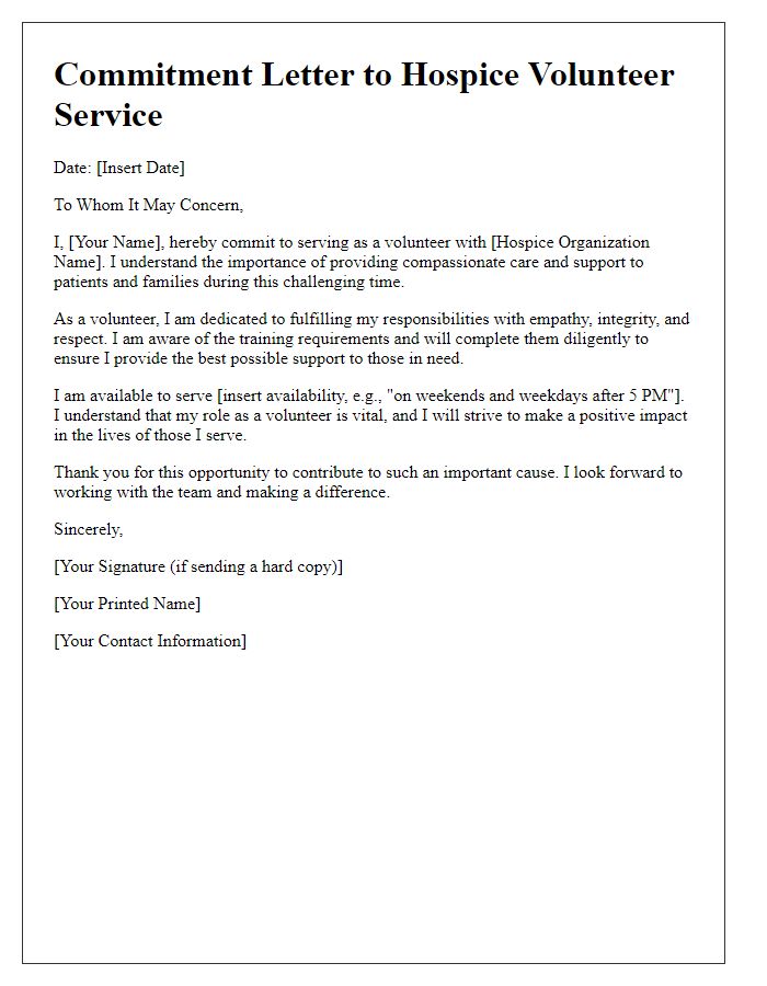 Letter template of commitment to hospice volunteer service