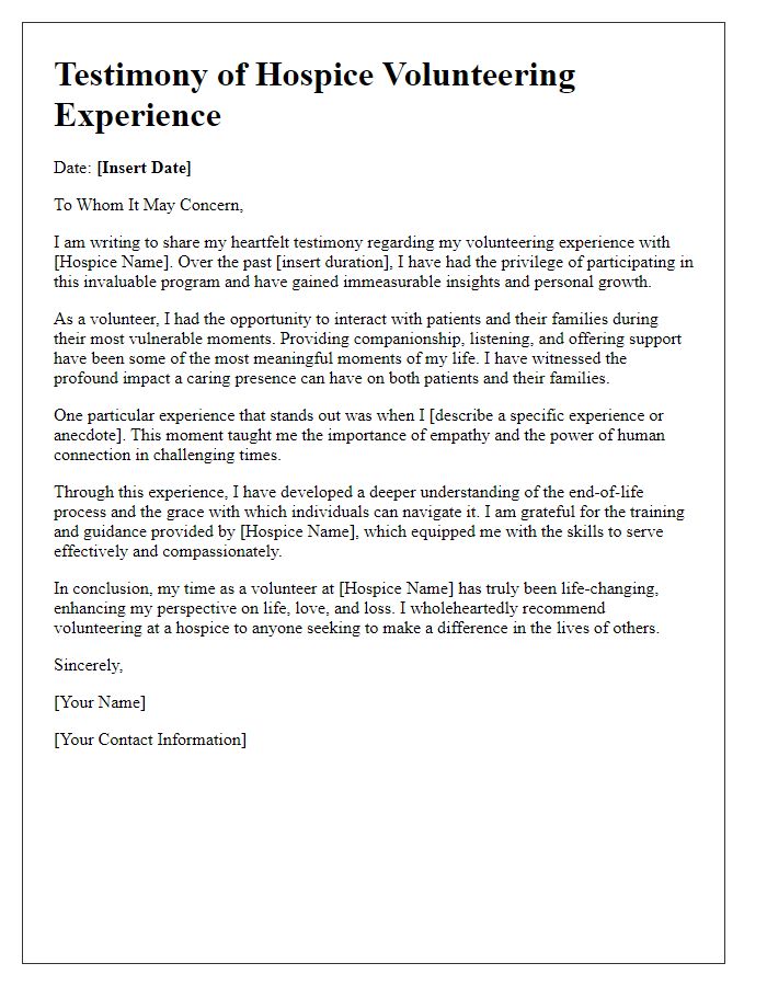 Letter template of testimony for hospice volunteering experience